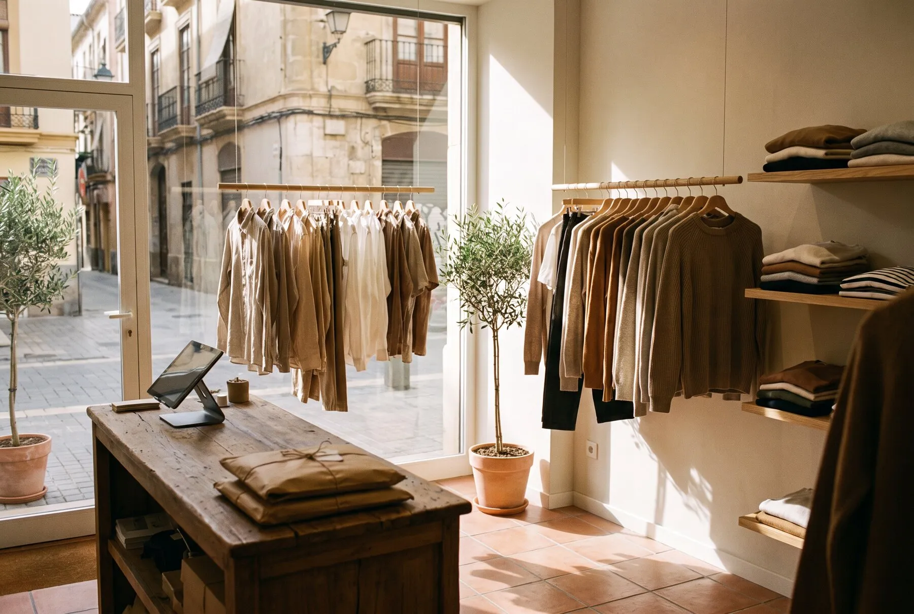 Interior de una tienda de moda con ropa en percheros y paquetes listos para enviar