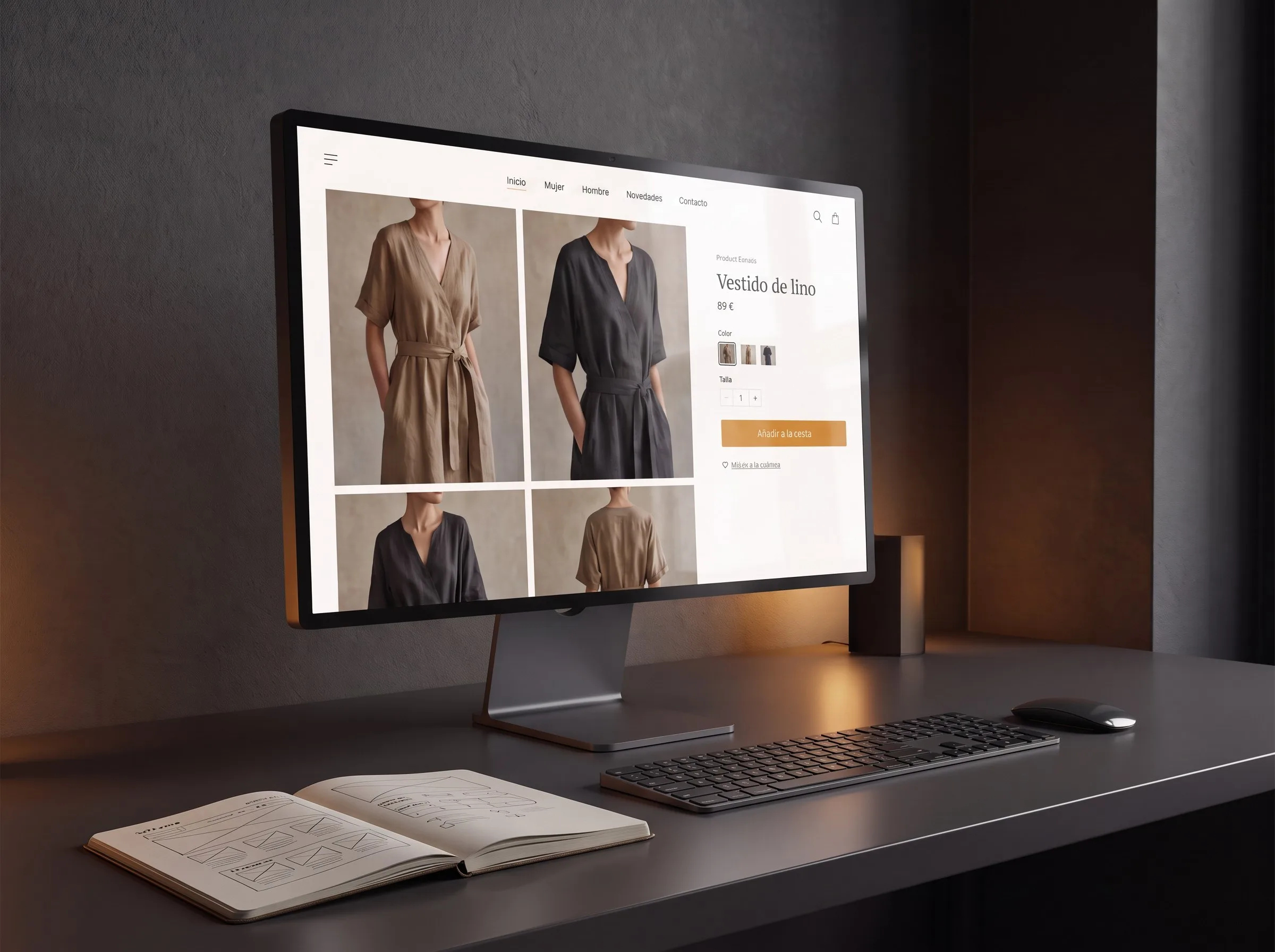 Monitor con una tienda online de moda mostrando la ficha de un vestido